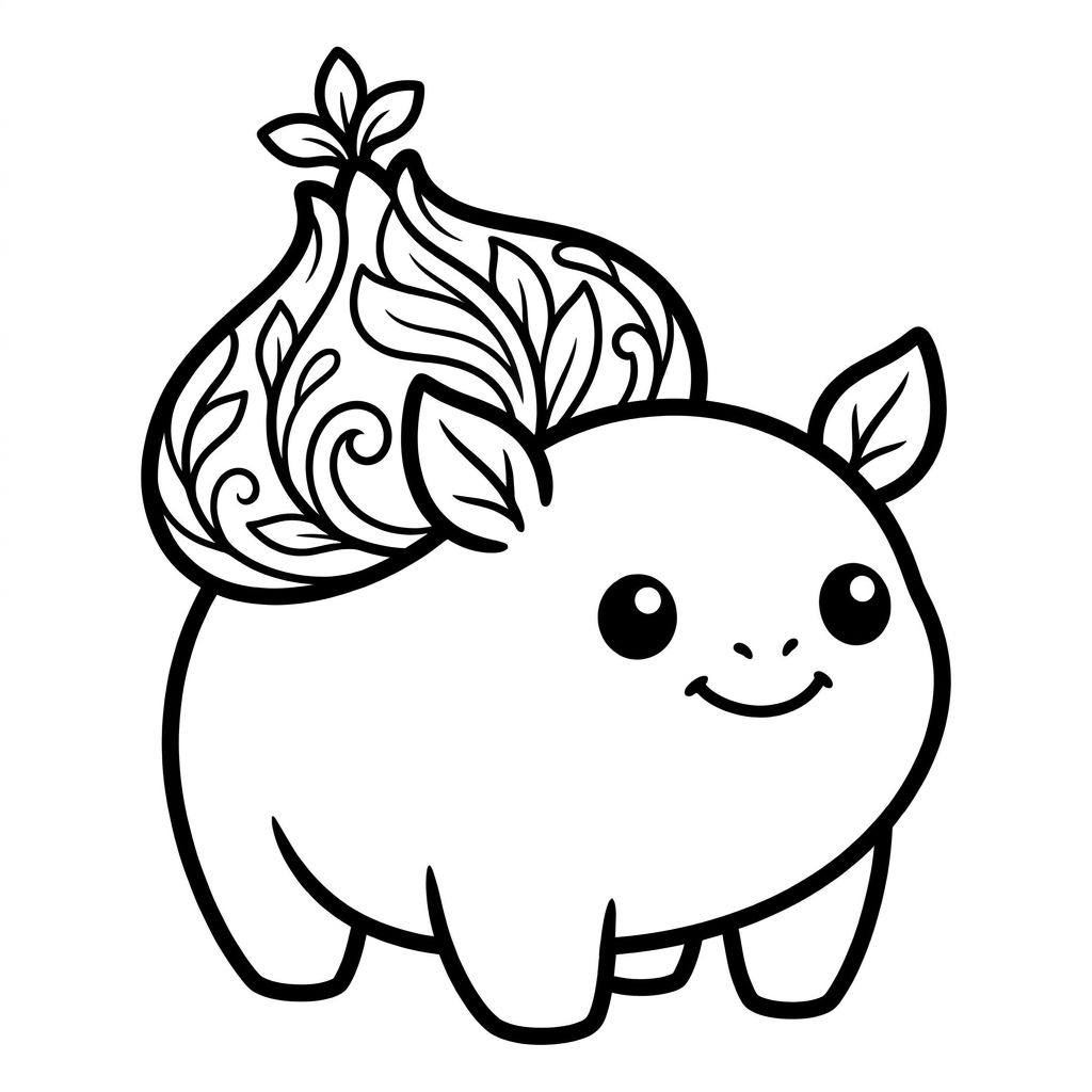Bulbasaur coloring page showing a happy little creature sitting with a big friendly smile